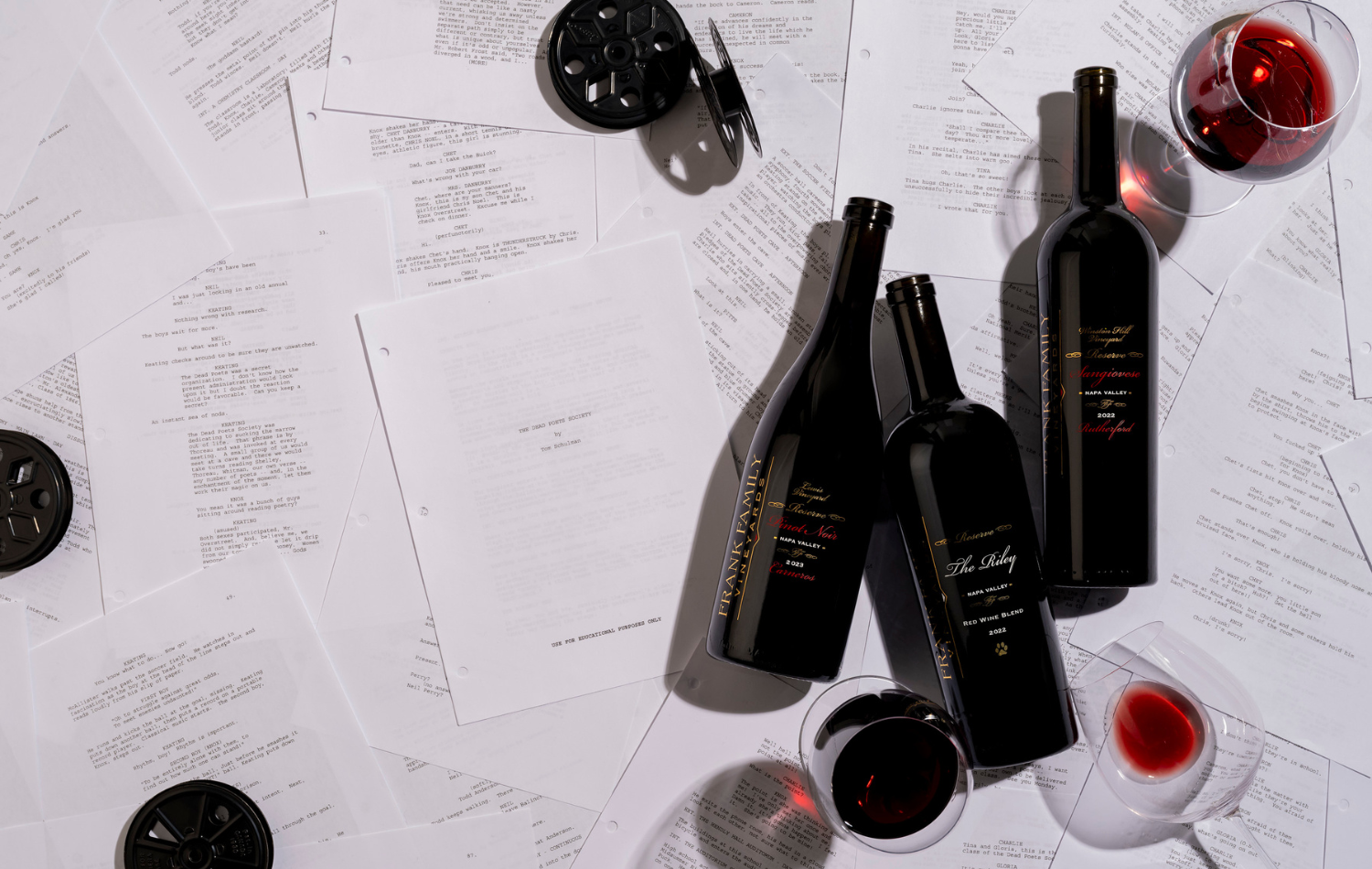 Frank Family Reserve wines against movie script pages. 