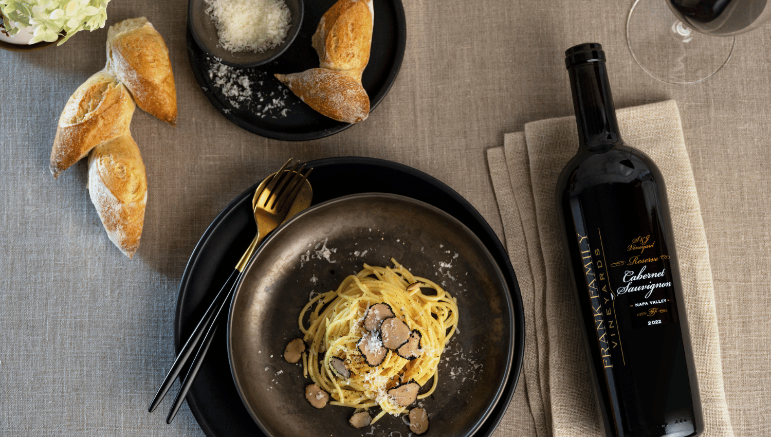 Frank Family's S&J Cabernet with a truffle pasta dish. 