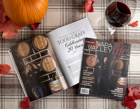 Napa Valley Life Magazine showing Todd Graff sabering a bottle of sparkling wine on the cover